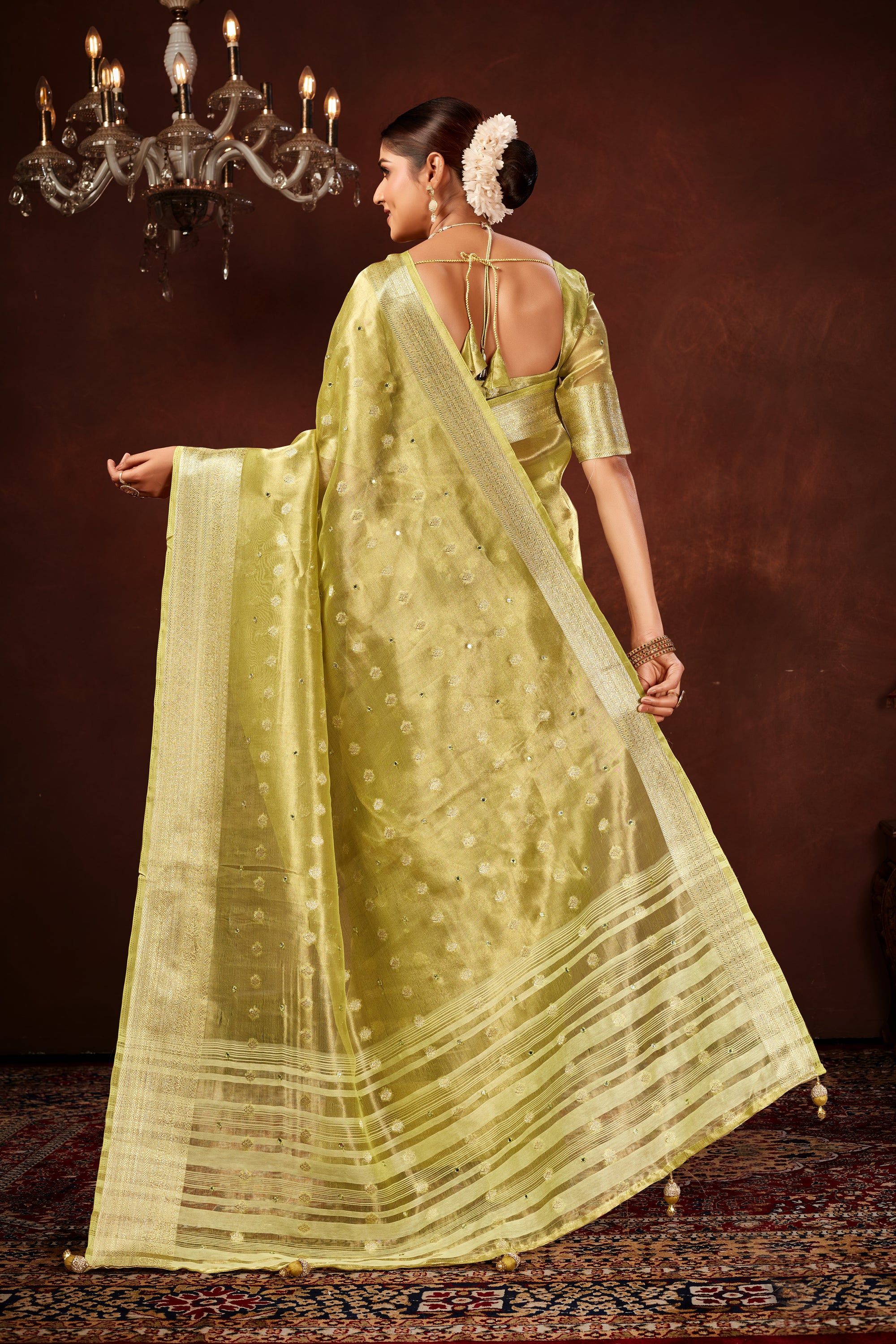 Mehendi Soft Tissue Silk Saree with Mirror Work