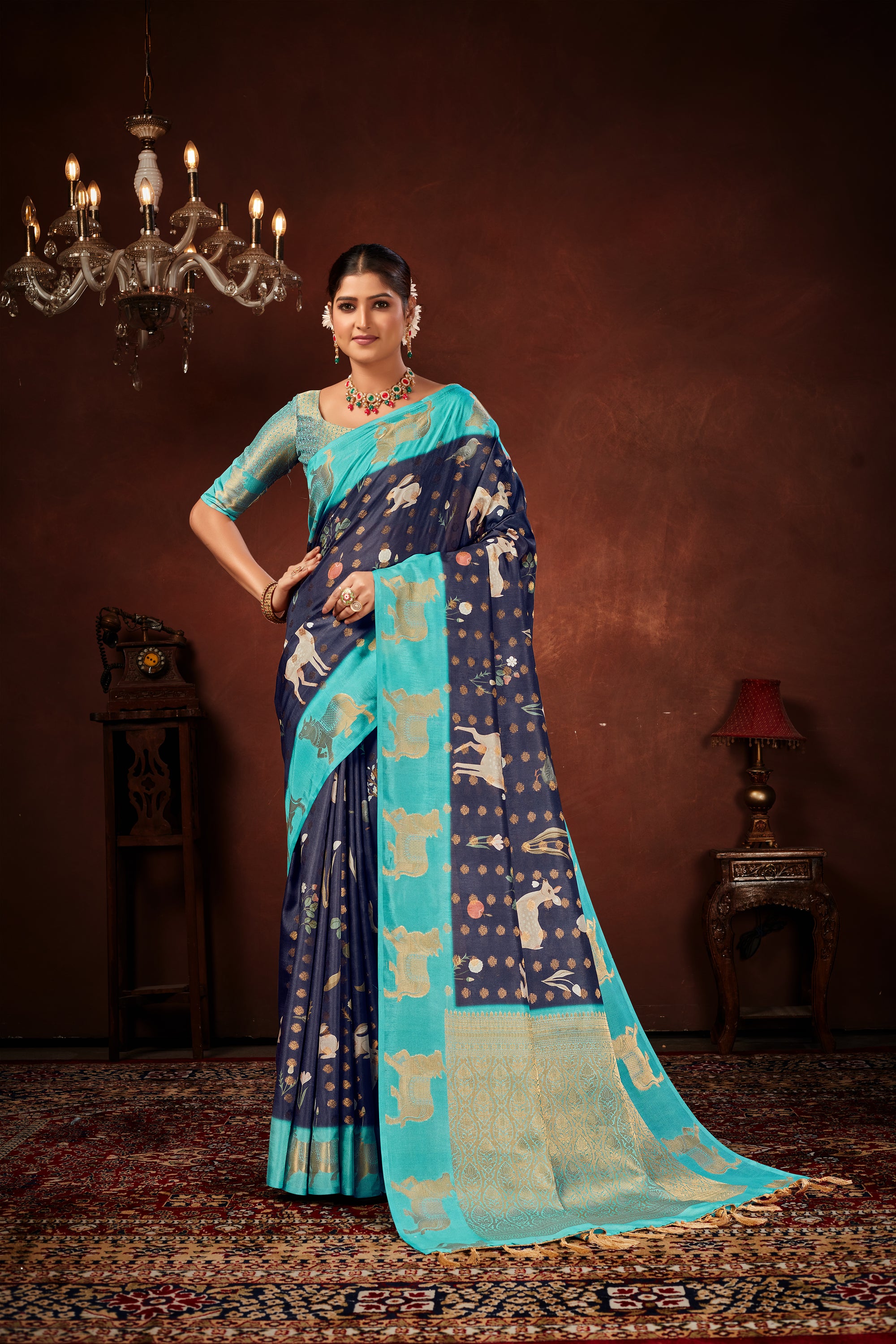 Navy Blue Soft Silk Saree with Kalamkari Digital Prints & Pichwai Cow Border
