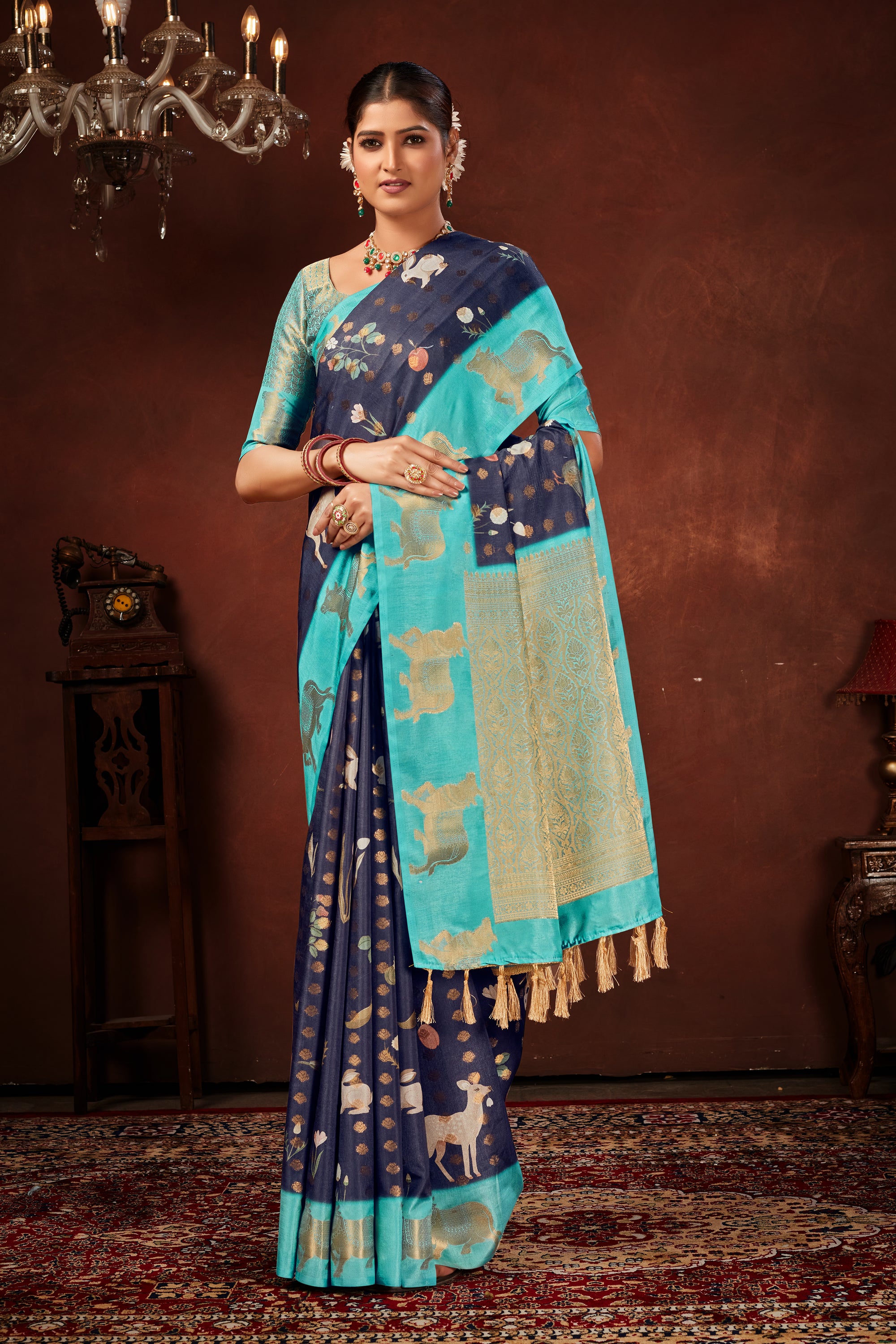 Navy Blue Soft Silk Saree with Kalamkari Digital Prints & Pichwai Cow Border