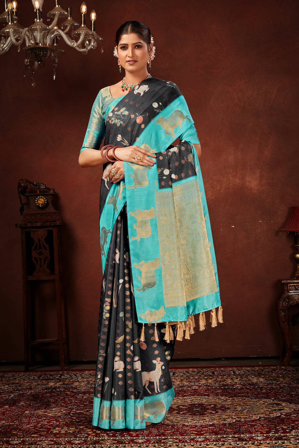 Black Soft Silk Saree with Animal Prints & Rich Weave Pallu