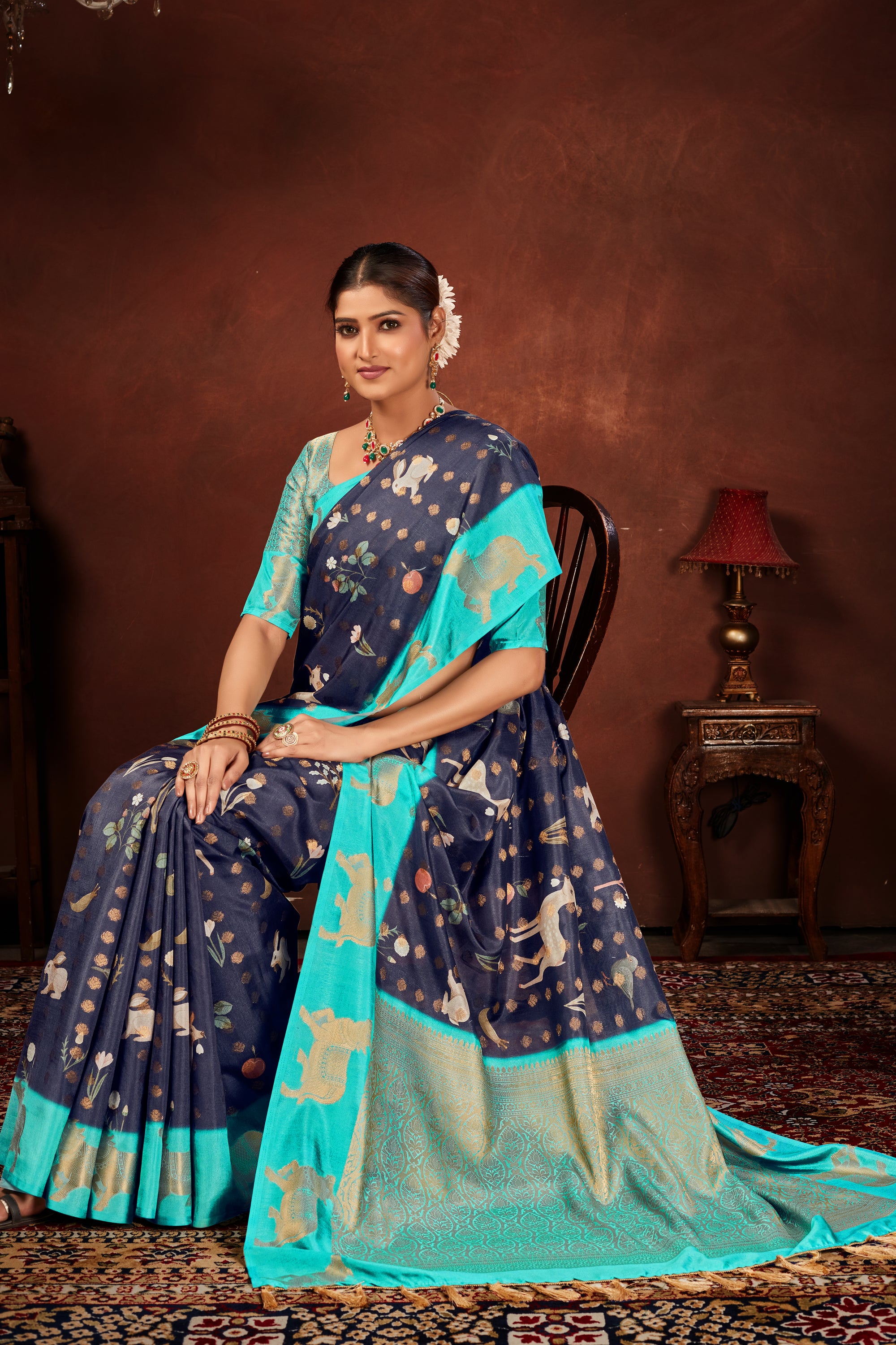 Navy Blue Soft Silk Saree with Kalamkari Digital Prints & Pichwai Cow Border