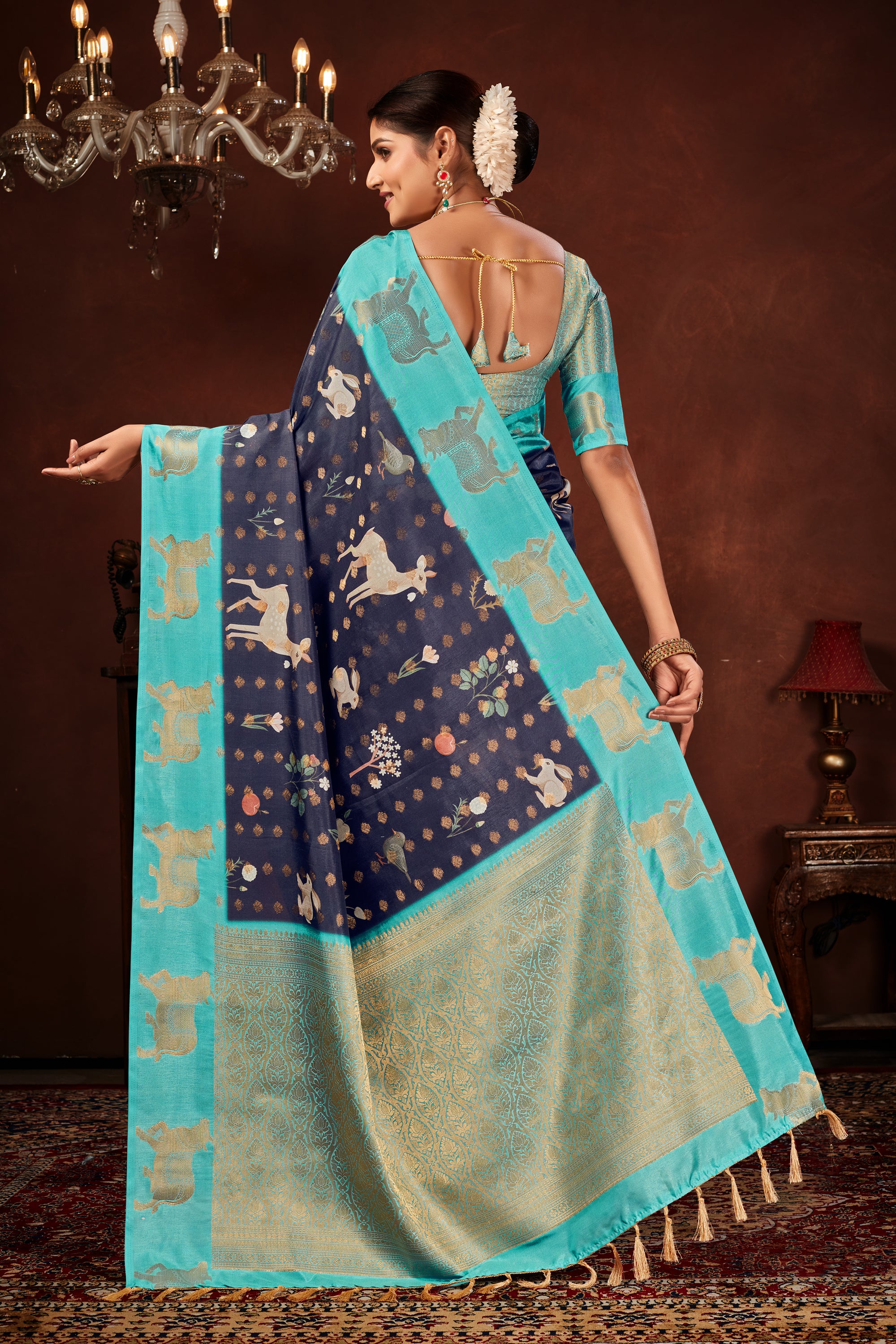 Navy Blue Soft Silk Saree with Kalamkari Digital Prints & Pichwai Cow Border