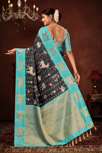 Black Soft Silk Saree with Animal Prints & Rich Weave Pallu