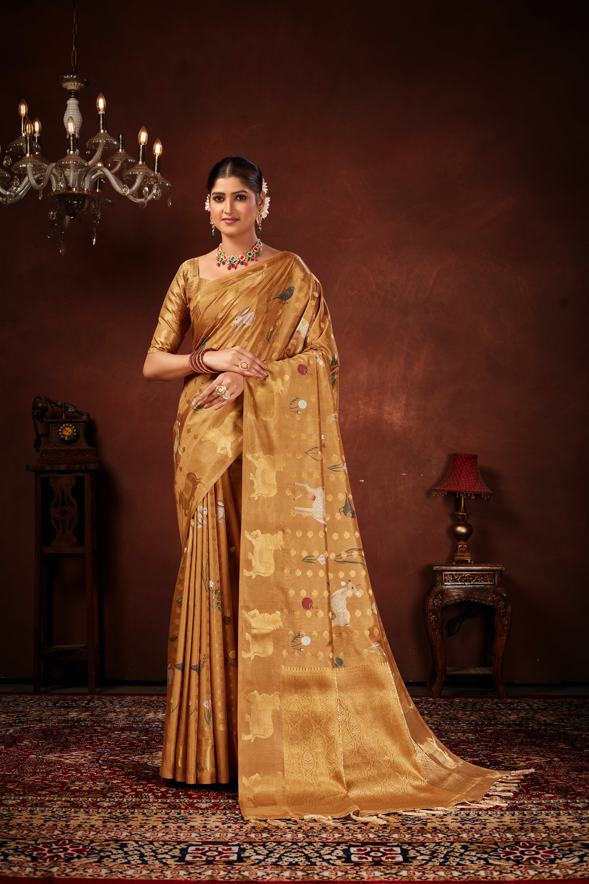 Mustard Soft Silk Saree with Animal Prints & Rich Weave Pallu