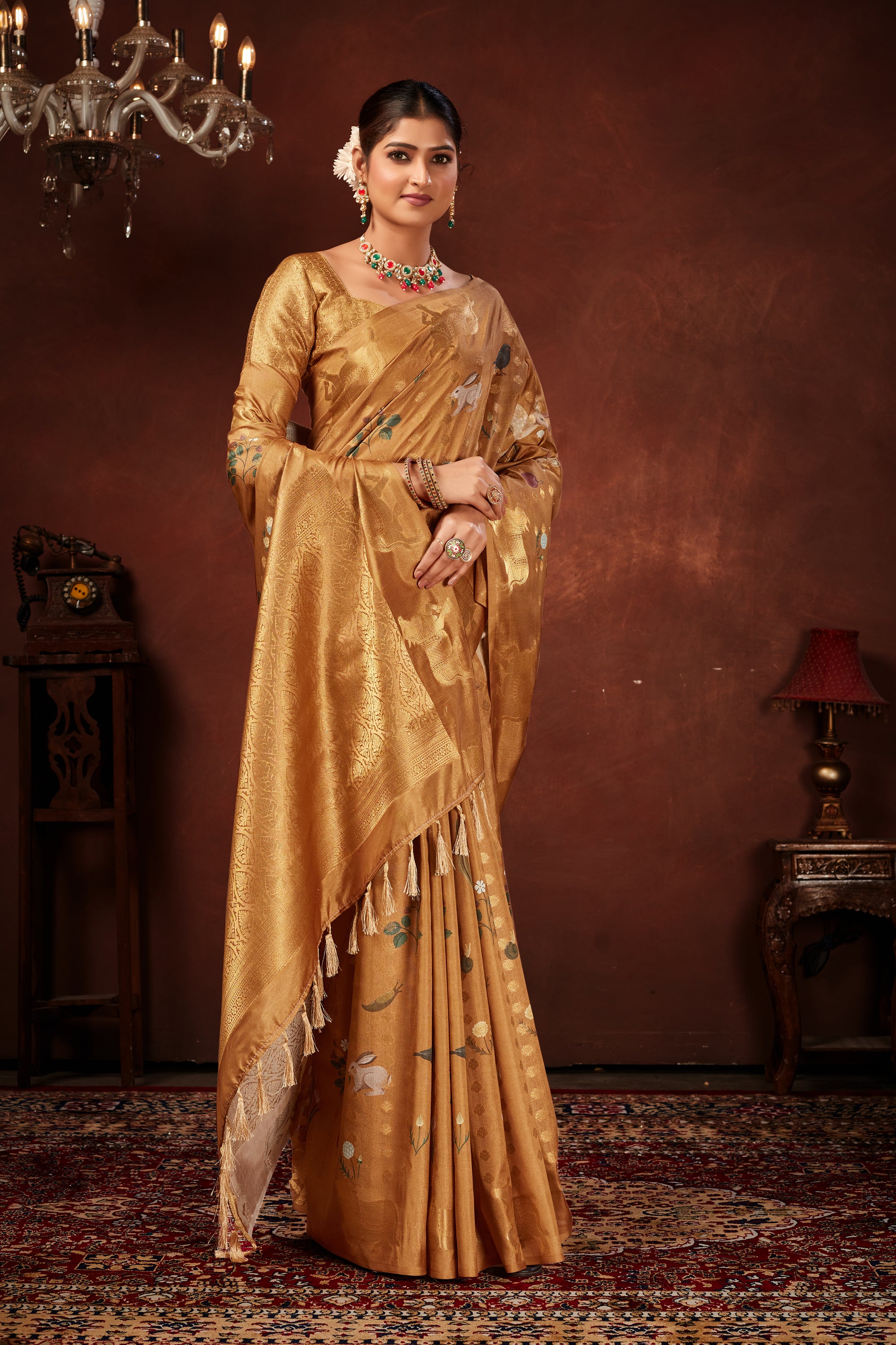 Mustard Soft Silk Saree with Animal Prints & Rich Weave Pallu