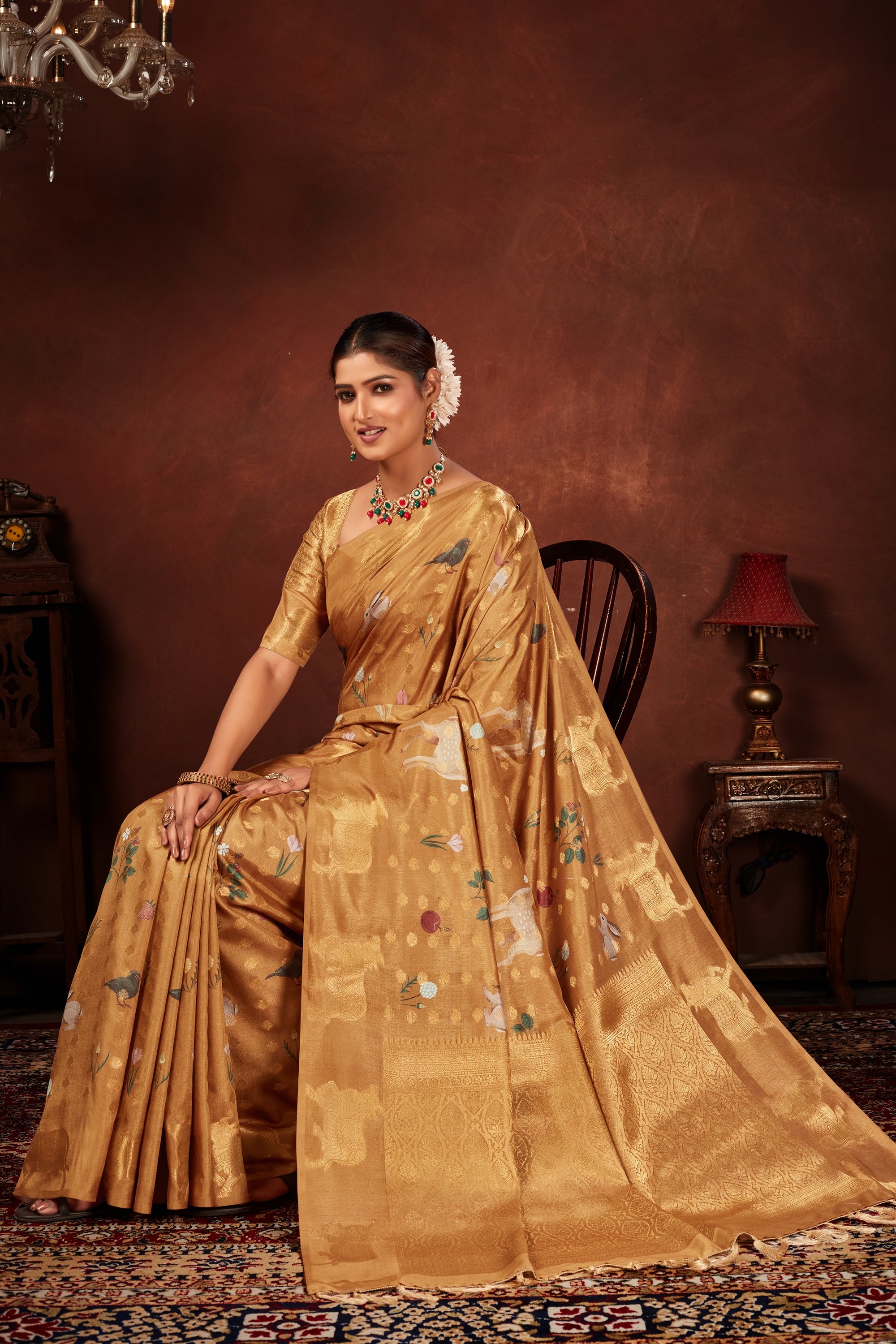 Mustard Soft Silk Saree with Animal Prints & Rich Weave Pallu