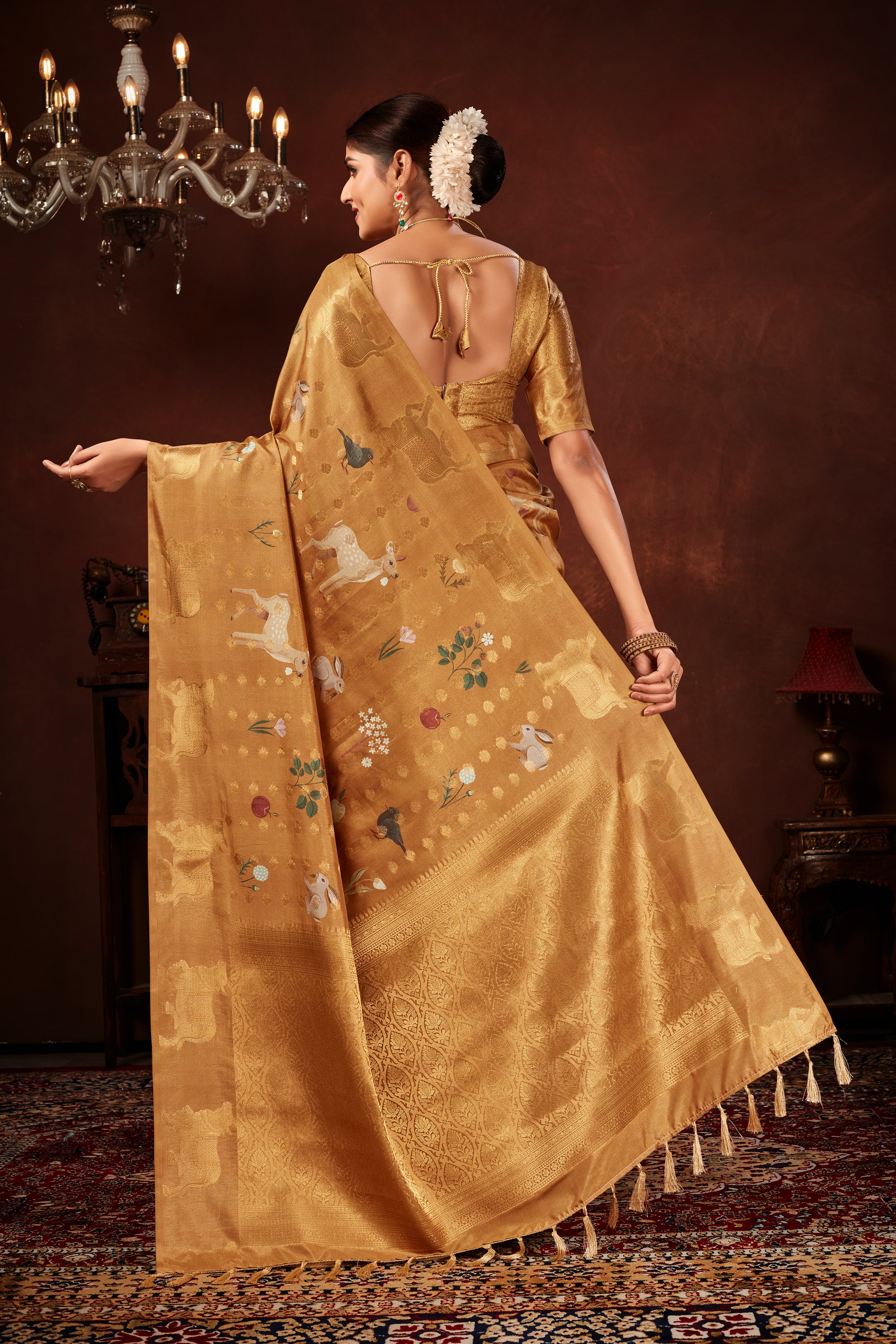 Mustard Soft Silk Saree with Animal Prints & Rich Weave Pallu
