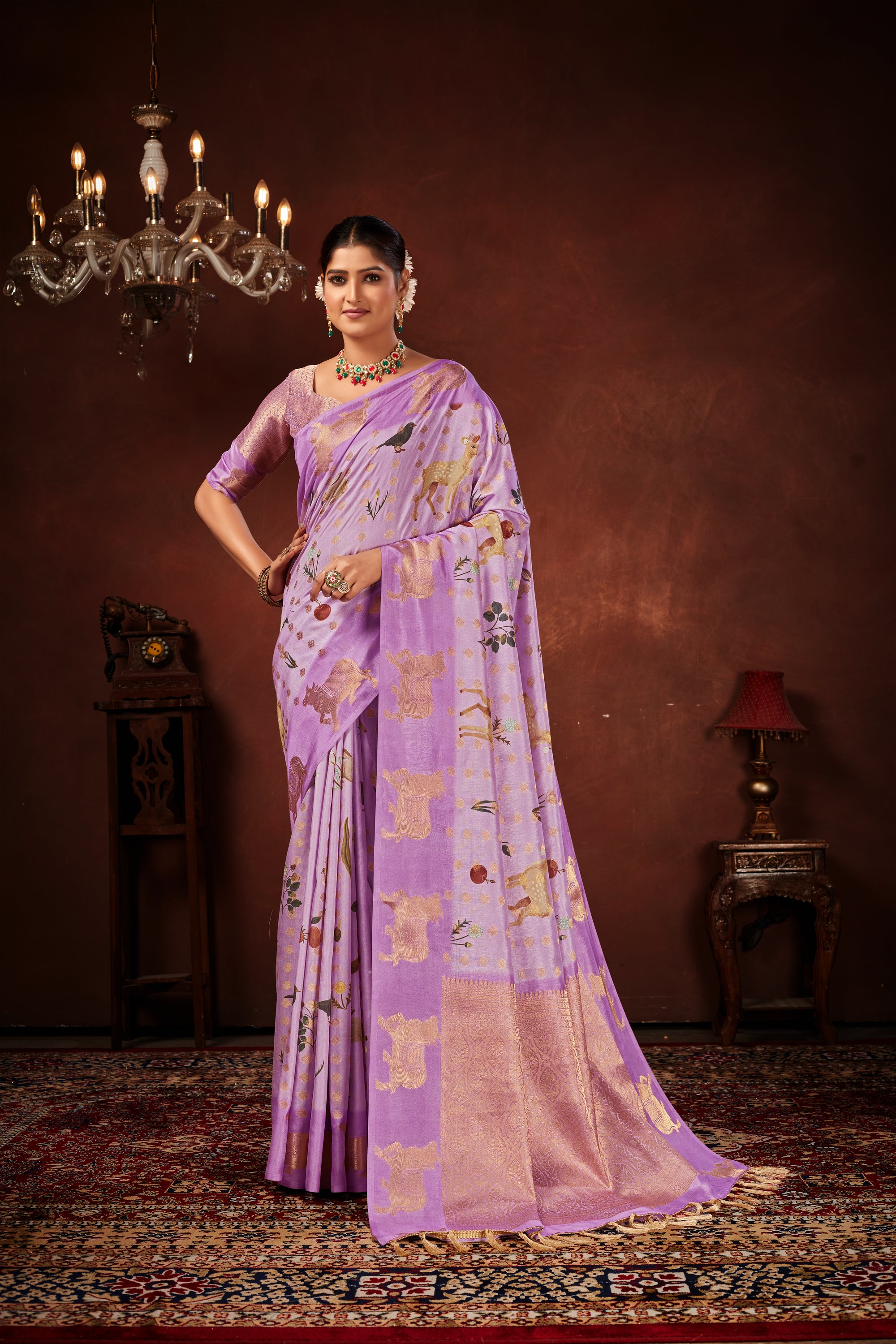 Lavender Soft Silk Saree with Kalamkari Digital Prints & Pichwai Cow Border