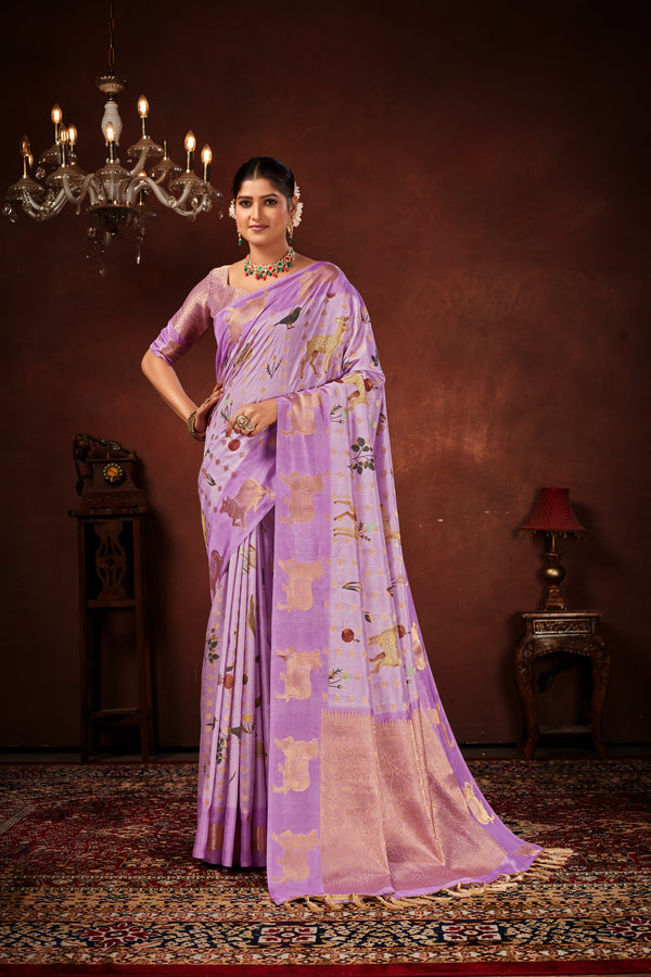 Lavender Soft Silk Saree with Kalamkari Digital Prints & Pichwai Cow Border