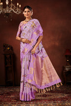 Lavender Soft Silk Saree with Kalamkari Digital Prints & Pichwai Cow Border