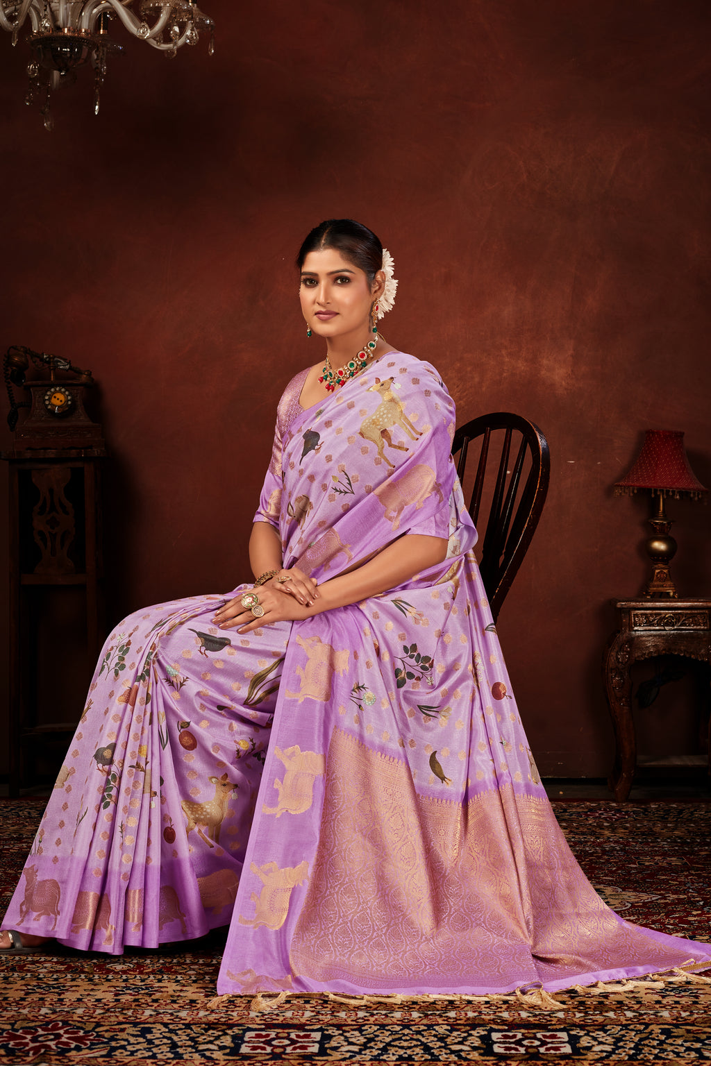 Light Lavender Soft Silk Saree with Animal Prints & Rich Weave Pallu