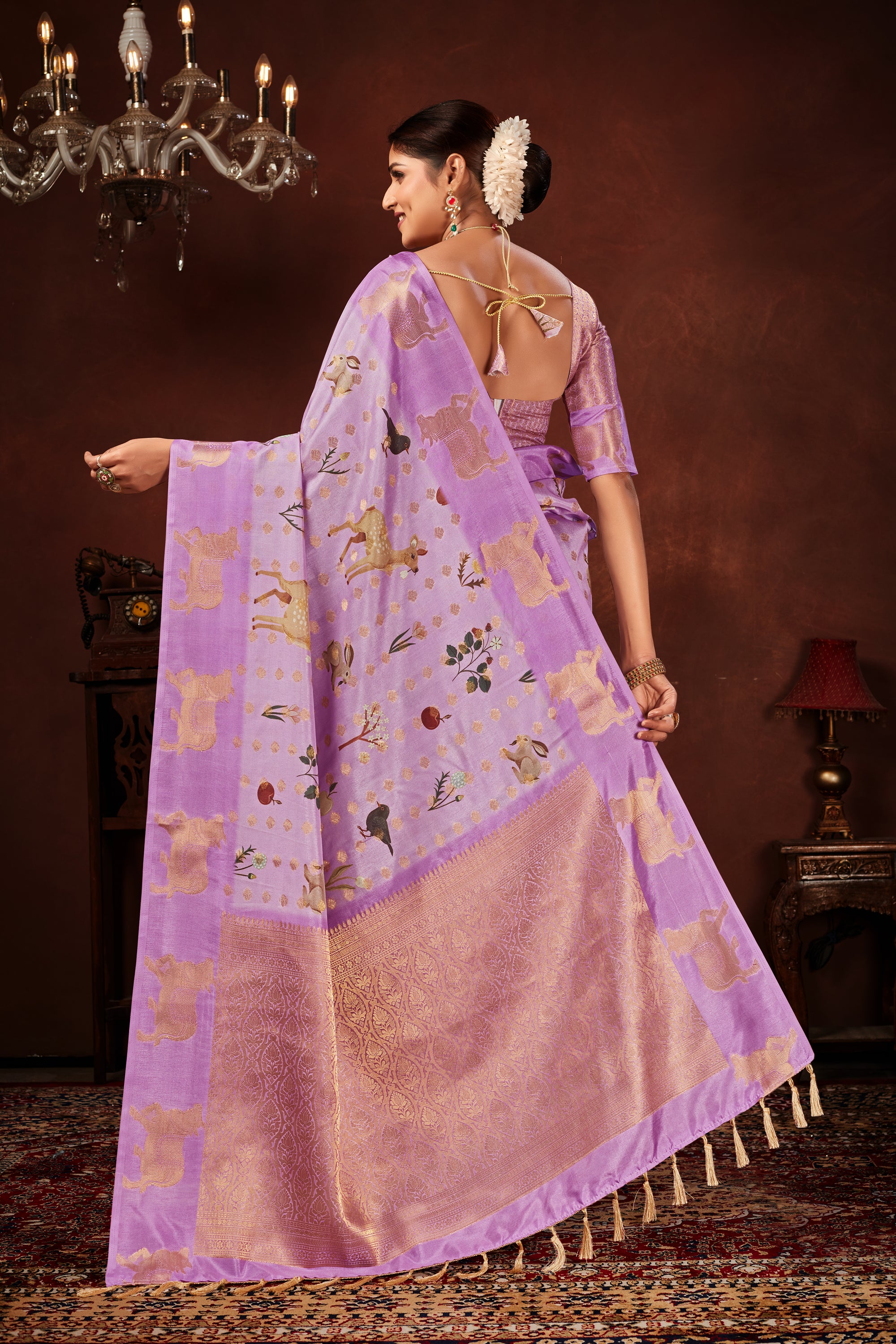 Lavender Soft Silk Saree with Kalamkari Digital Prints & Pichwai Cow Border