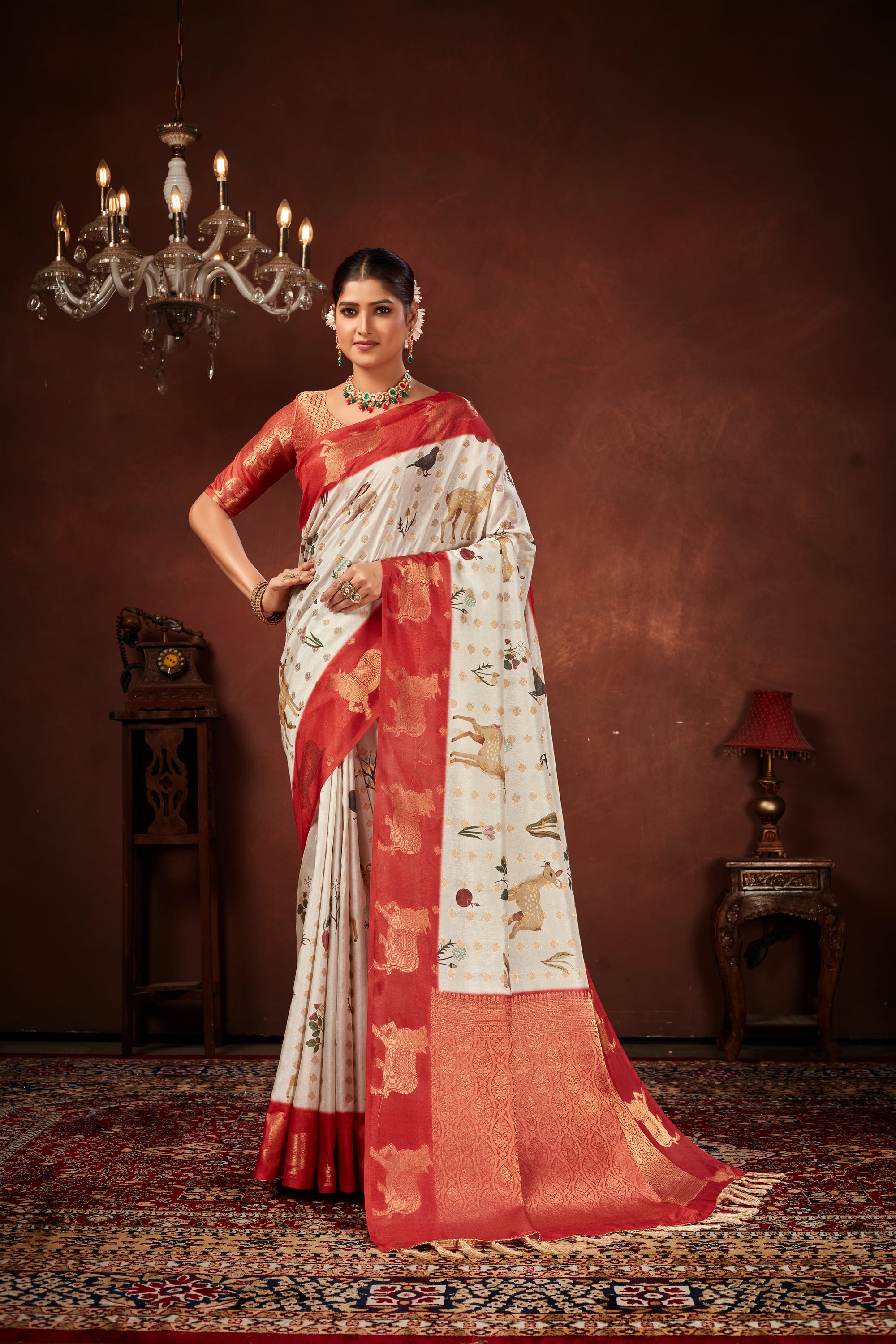 Off White Soft Silk Saree with Kalamkari Digital Prints & Pichwai Cow Border
