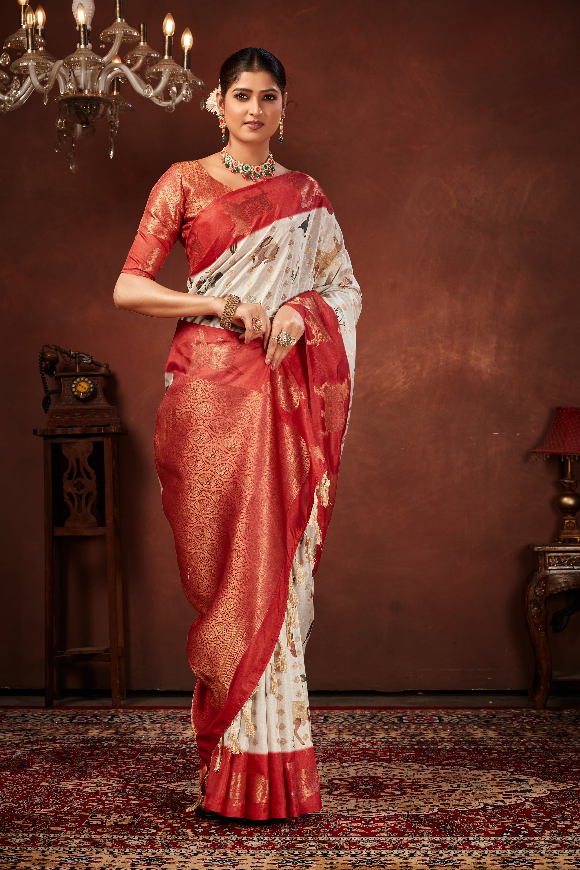 Off White Soft Silk Saree with Kalamkari Digital Prints & Pichwai Cow Border