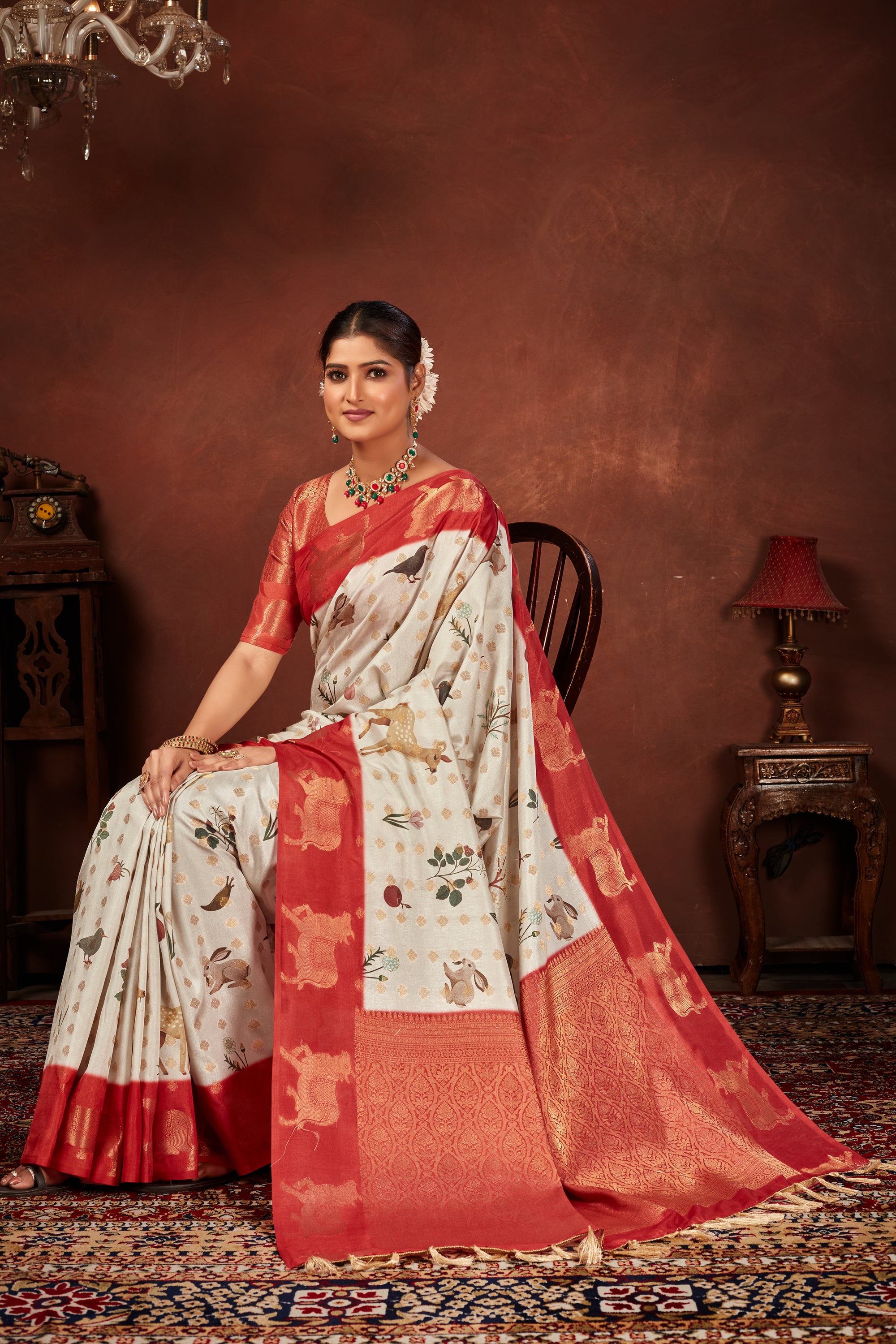 Off White Soft Silk Saree with Kalamkari Digital Prints & Pichwai Cow Border