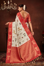 White Soft Silk Saree with Animal Prints & Rich Weave Pallu