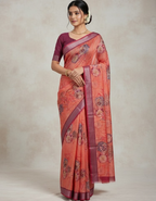 Linen Cotton Saree with Zari Weave Border & Floral Digital Prints