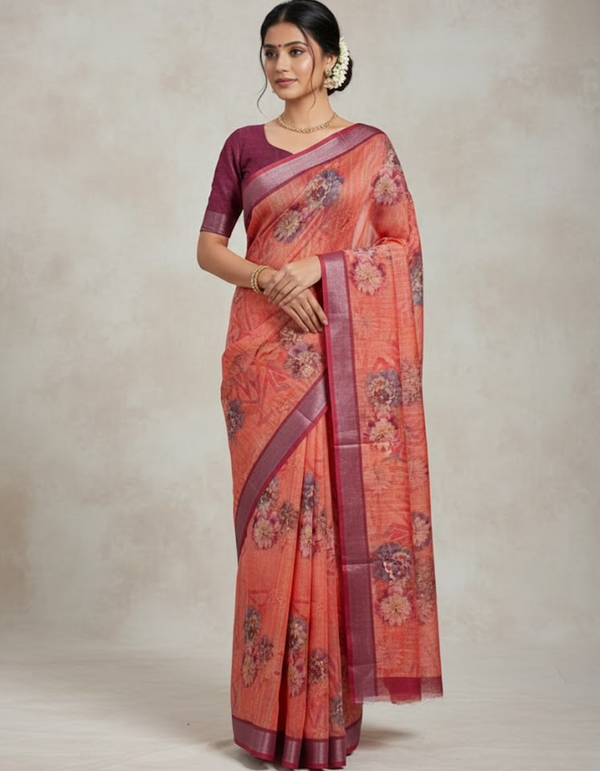 Linen Cotton Saree with Zari Weave Border & Floral Digital Prints
