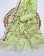 Green Pure Kota Doriya Saree with Floral Embroidery & Silver Border