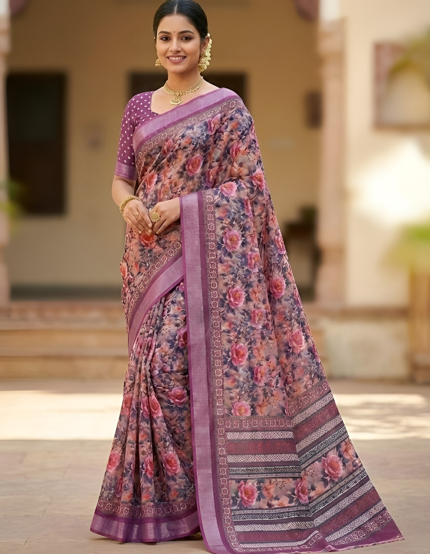 Linen Cotton Saree with Floral Digital Prints