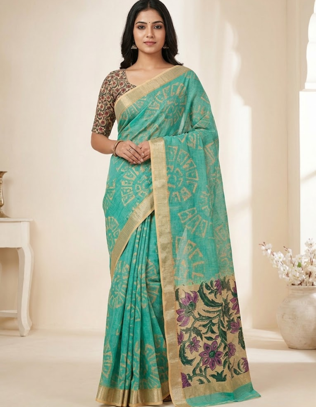 Rama Linen Cotton Saree with Silver Zari Border, Graphic Digital Print Body & Kalamkari Floral Pallu
