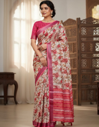 Multicolor Linen Cotton Saree with Floral Digital Prints