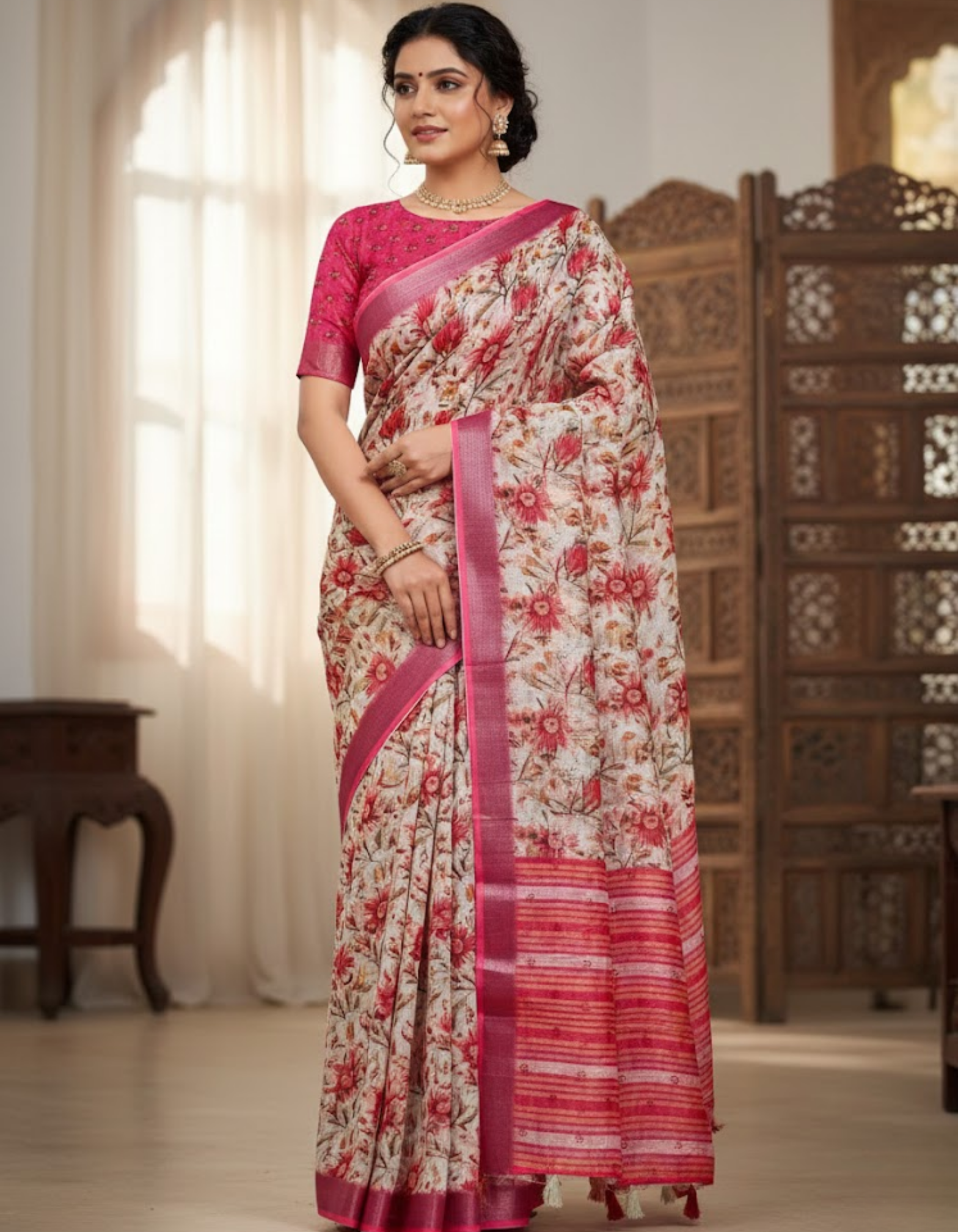 Multicolor Linen Cotton Saree with Floral Digital Prints