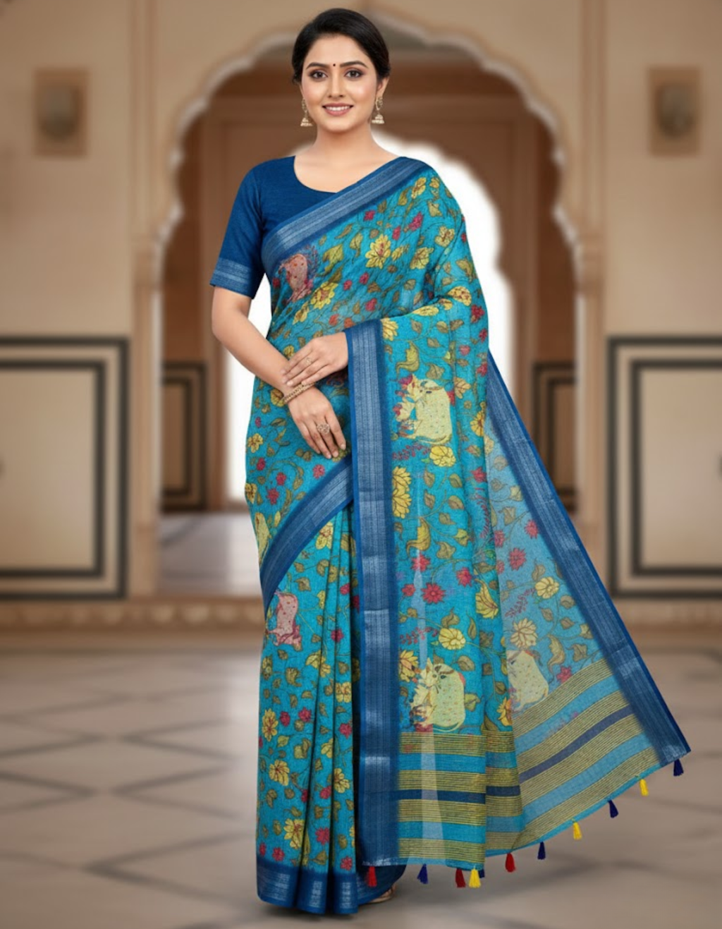 Linen Cotton Saree with Zari Weave Border & Pichwai Kalamkari Digital Prints