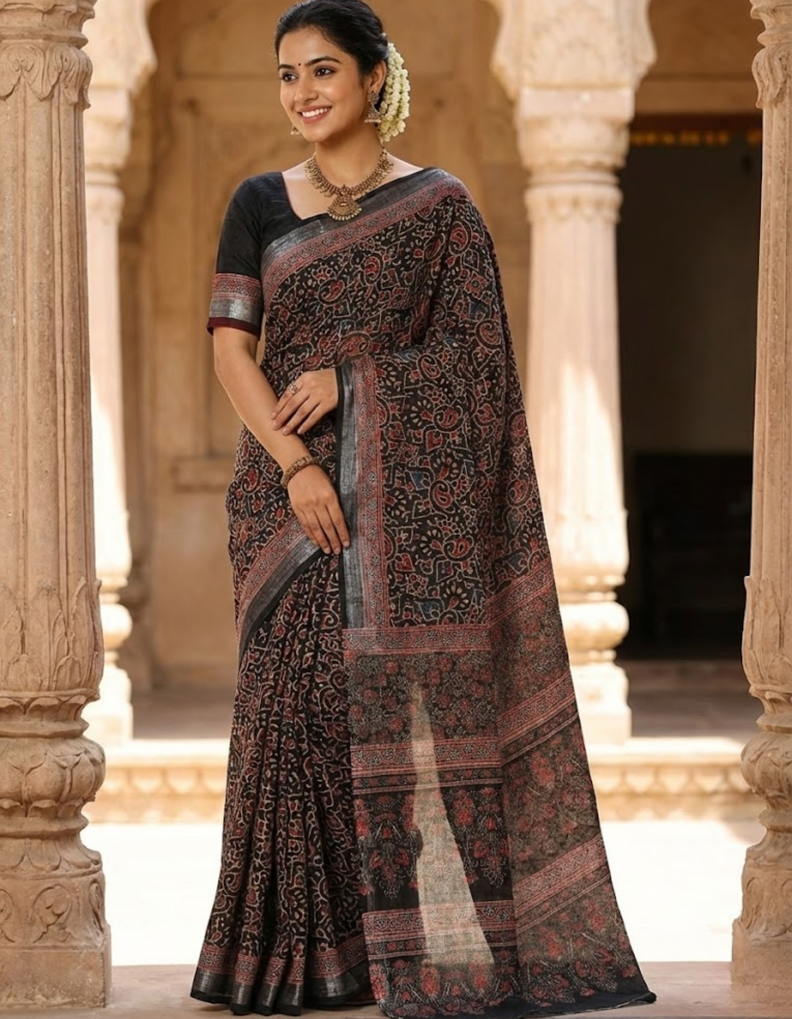 Soft Linen Cotton Saree with Ajrakh Digital Prints & Silver Zari Border