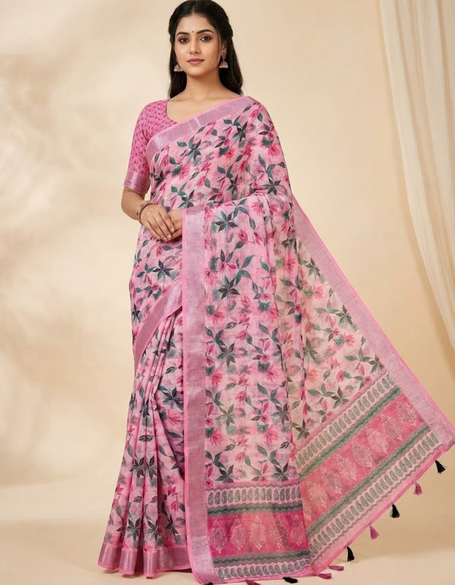 Linen Cotton Saree with Floral Digital Prints
