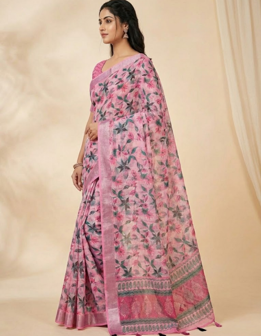 Linen Cotton Saree with Floral Digital Prints
