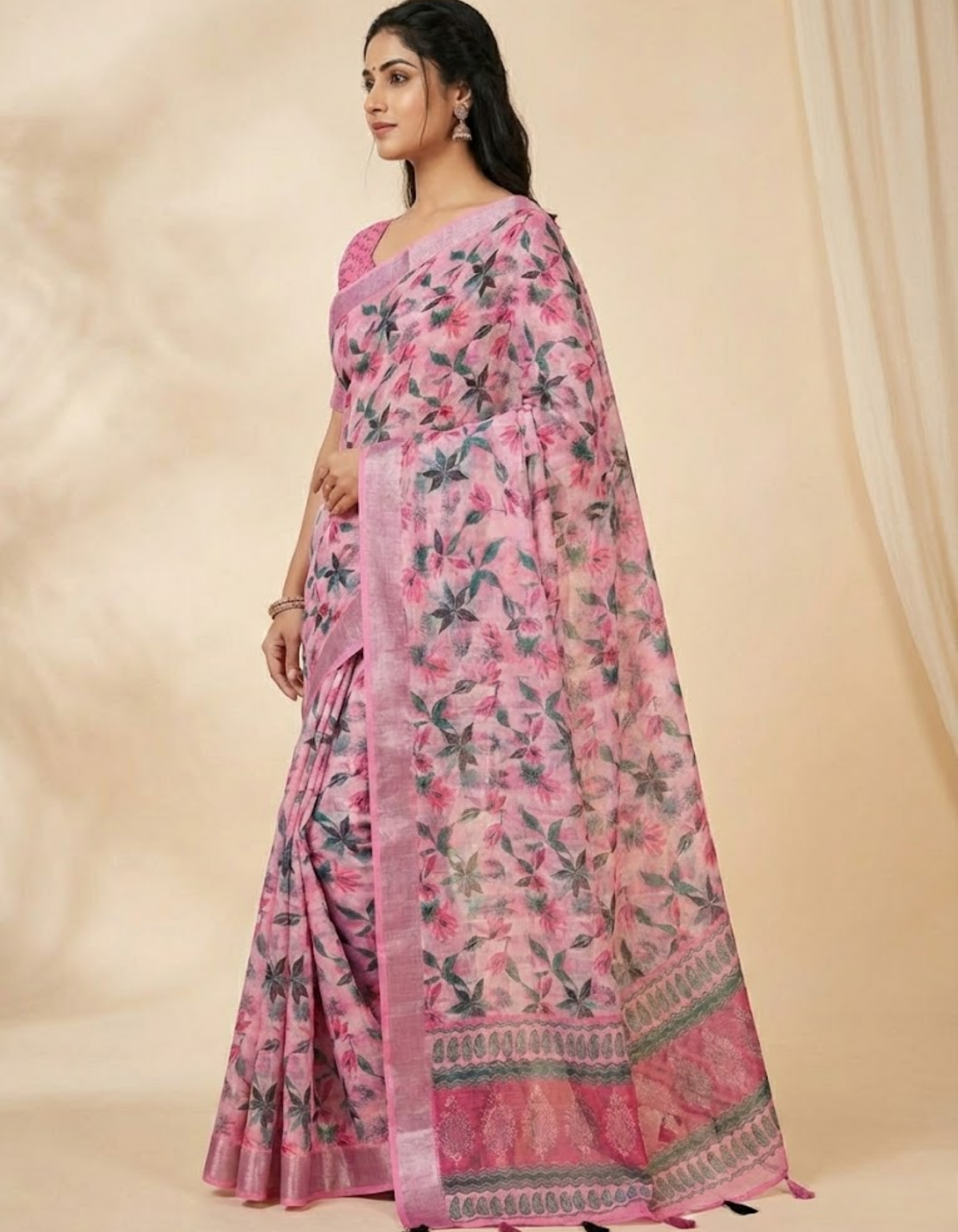 Linen Cotton Saree with Floral Digital Prints