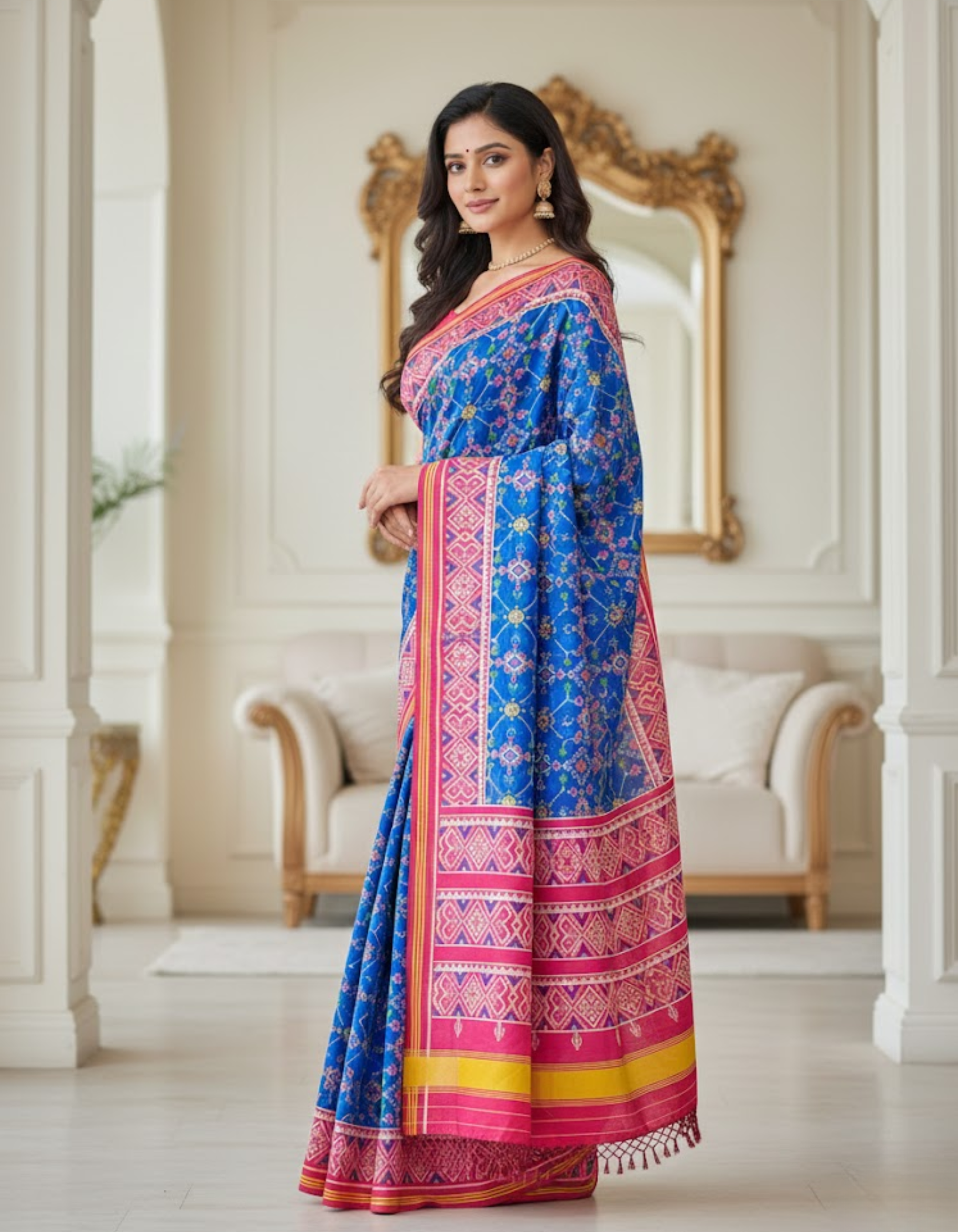 Royal Blue Soft Silk Saree with Patola Digital Prints & Tassel Pallu