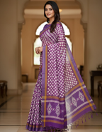 Soft Linen Cotton Saree with Ikkat Digital Prints & Silver Zari Border