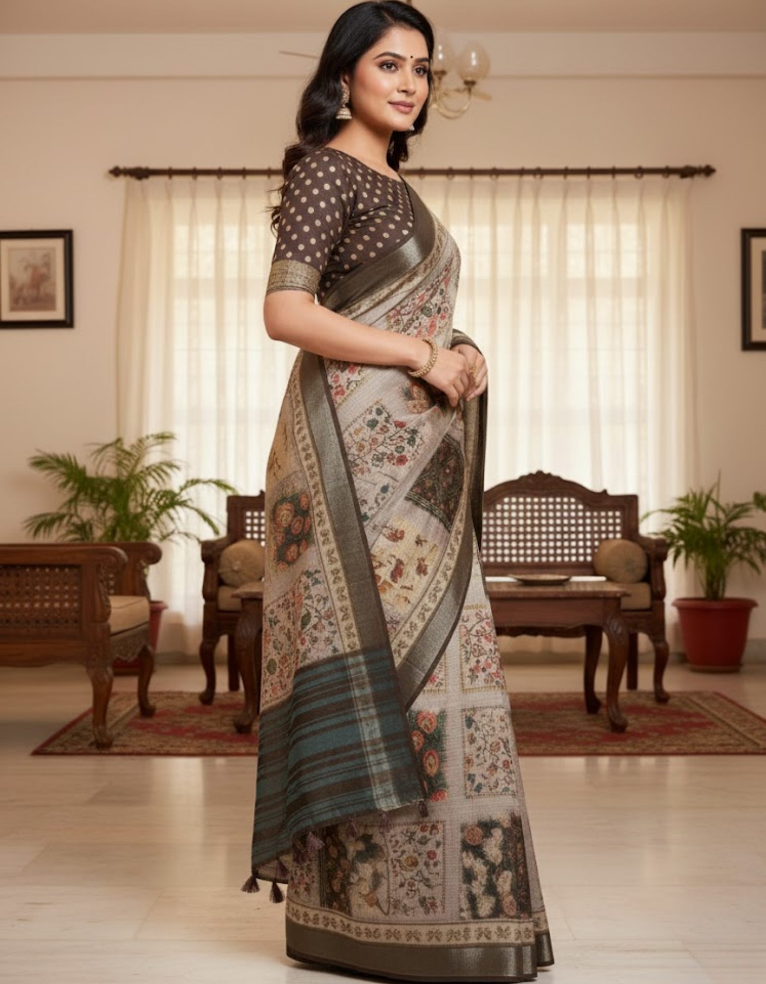 Linen Cotton Saree with Floral Digital Prints