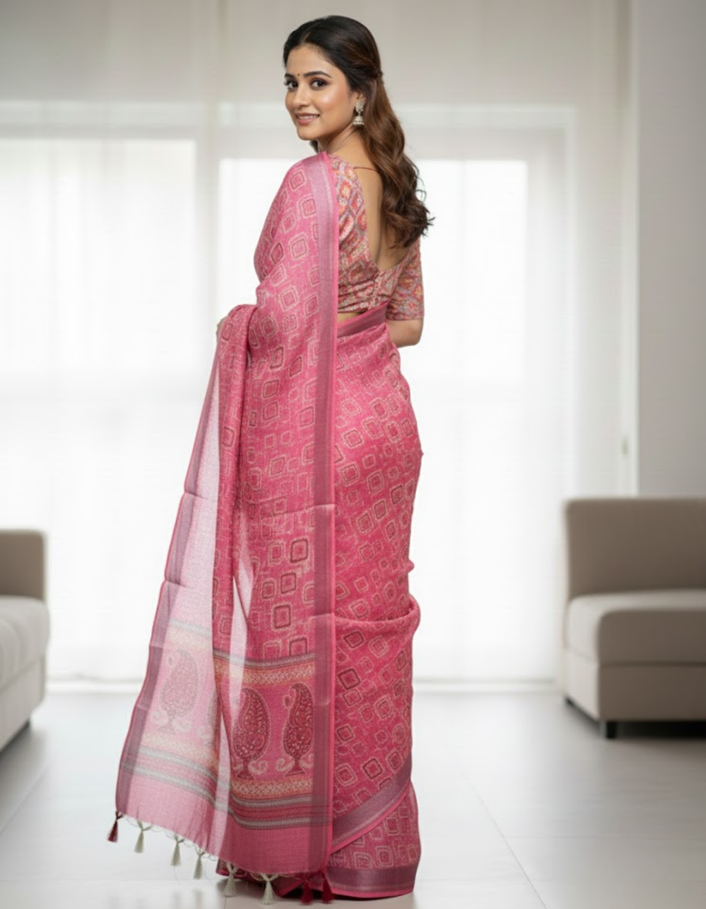 Multicolor Linen Cotton Saree with Floral Digital Prints