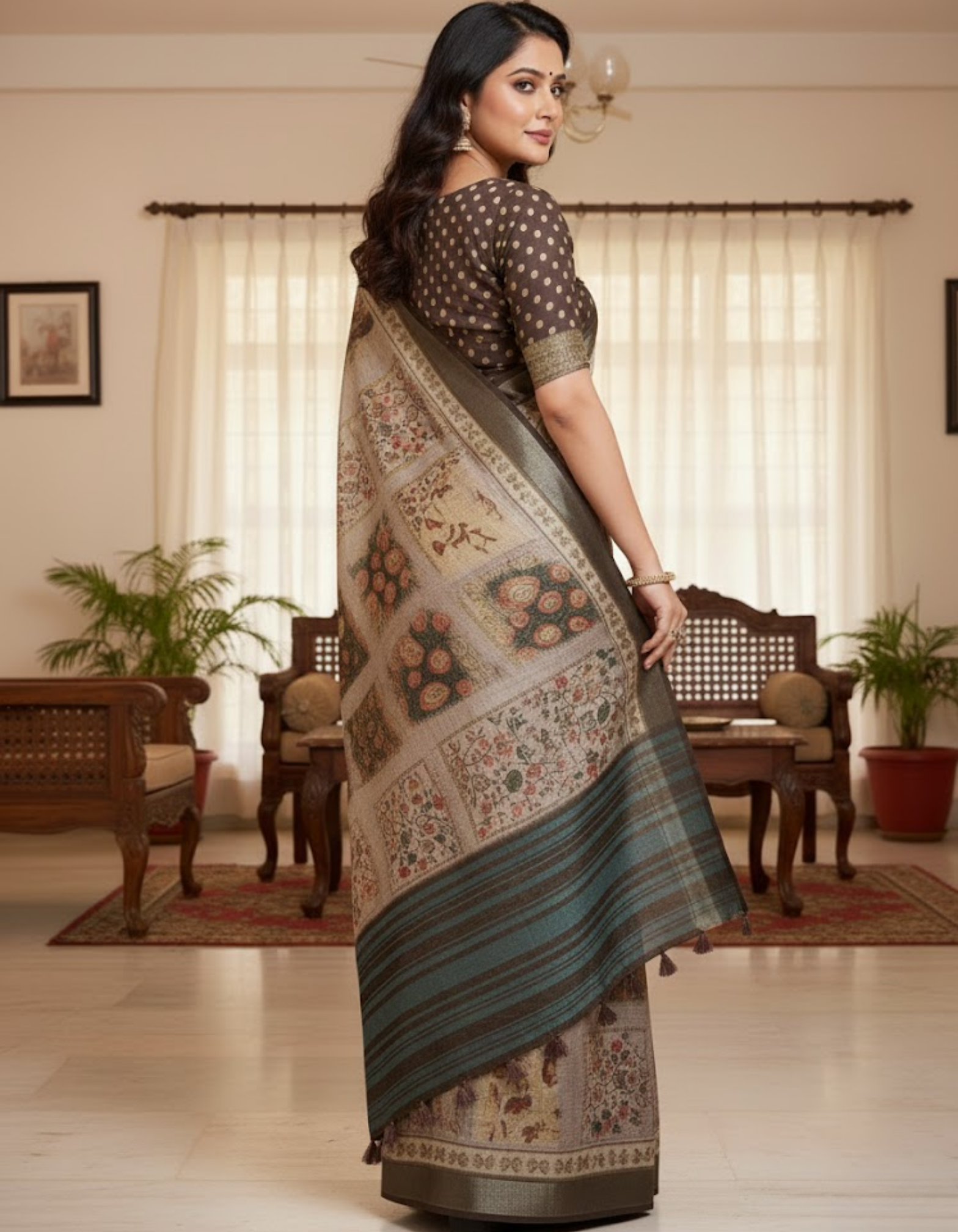 Linen Cotton Saree with Floral Digital Prints
