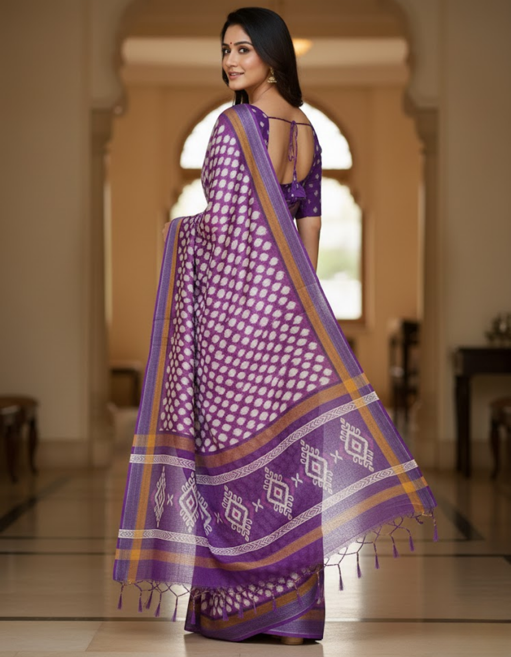 Soft Linen Cotton Saree with Ikkat Digital Prints & Silver Zari Border