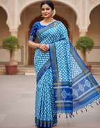 Soft Linen Cotton Saree with Ikkat Digital Prints & Silver Zari Border