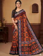 Orange Linen Cotton Double Ikkat Digital Printed Saree