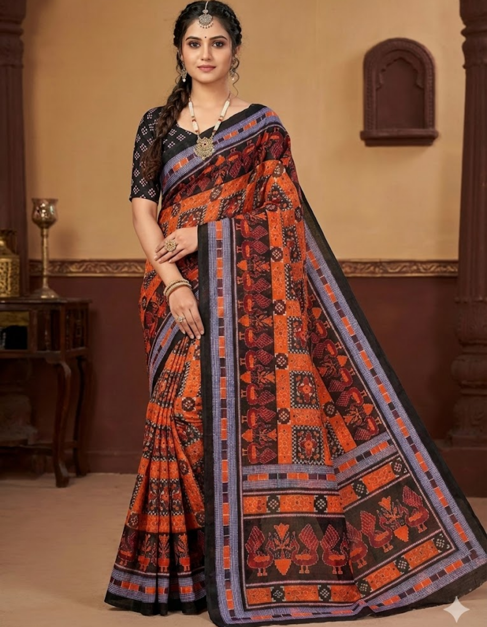 Orange Linen Cotton Double Ikkat Digital Printed Saree