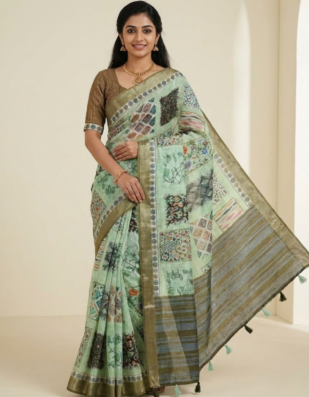 Linen Cotton Saree with Floral Digital Prints