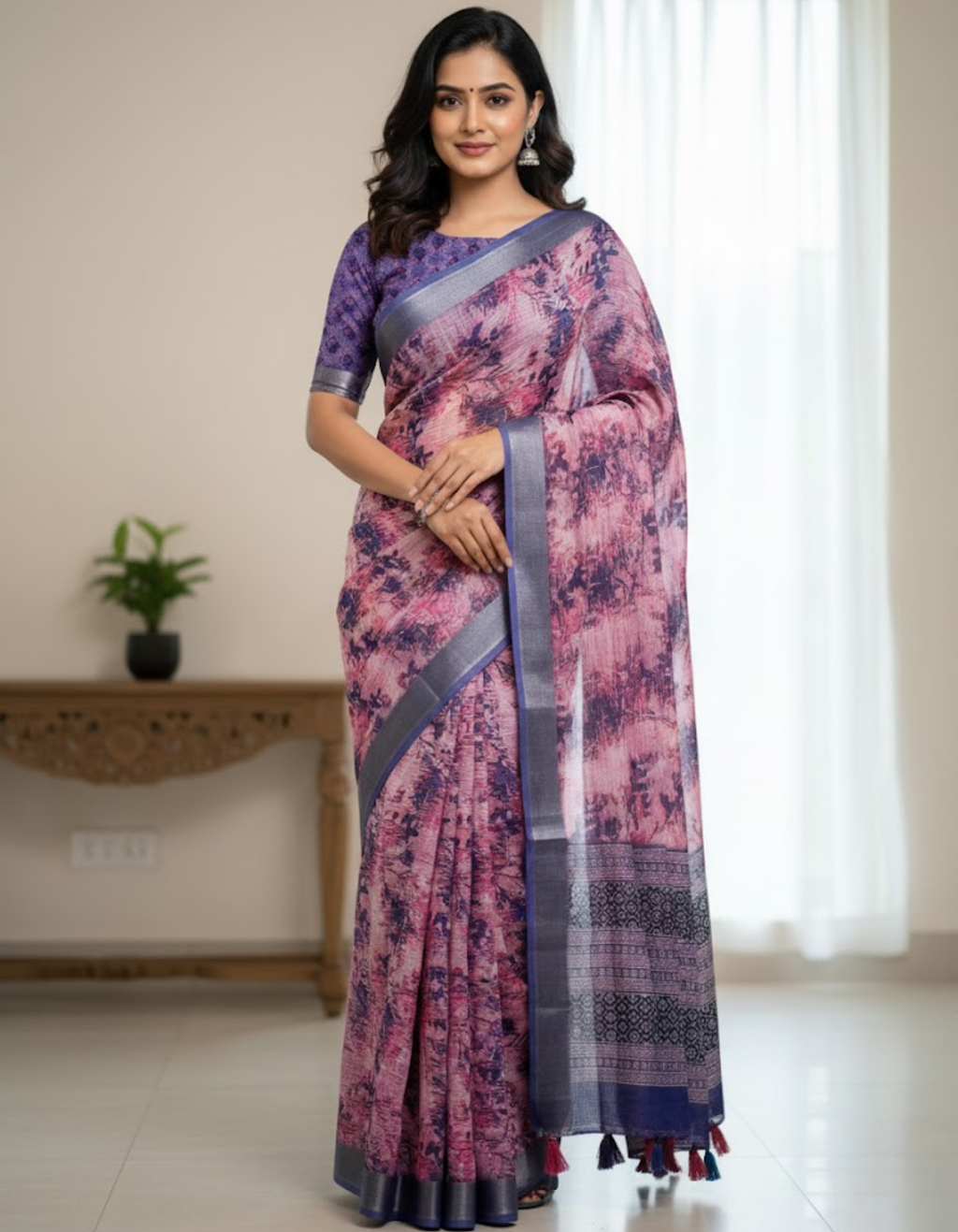 Multicolor Linen Cotton Saree with Floral Digital Prints