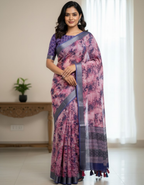 Multicolor Linen Cotton Saree with Floral Digital Prints