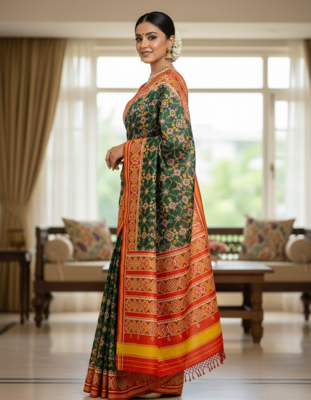 Green Soft Silk Saree with Patola Digital Prints & Tassel Pallu