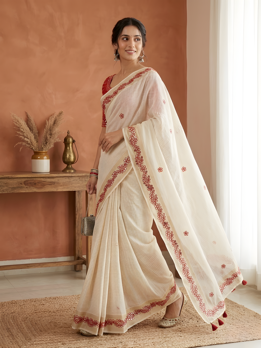 Ruhaniya Tussar Silk Saree – Cream Red Gotta Patti & Zari Bentex Border Work