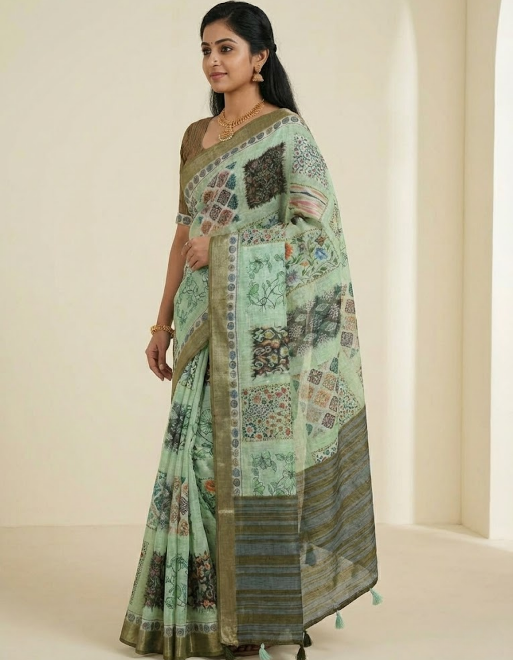 Linen Cotton Saree with Floral Digital Prints