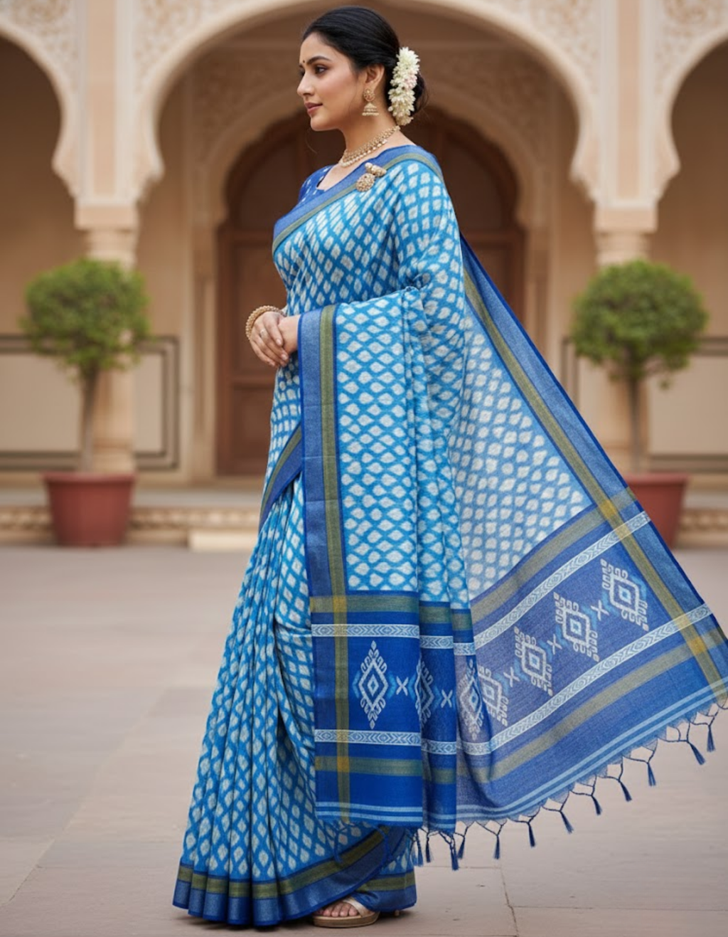 Soft Linen Cotton Saree with Ikkat Digital Prints & Silver Zari Border