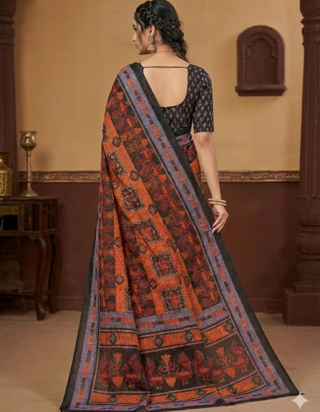 Orange Linen Cotton Double Ikkat Digital Printed Saree