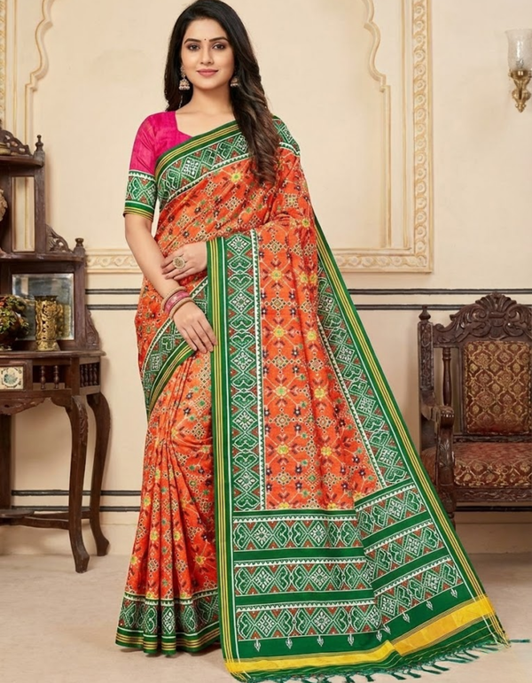 Orange Soft Silk Saree with Patola Digital Prints & Tassel Pallu